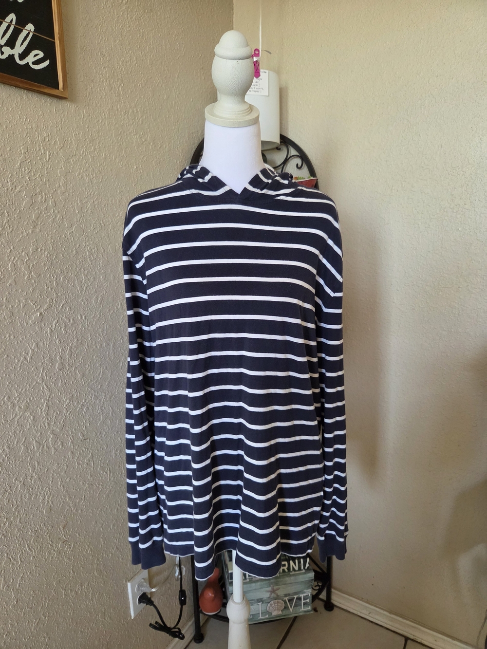 J. Crew Navy and White Striped Hooded Long Sleeve Shirt